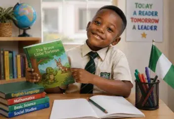 A pupil smiling at a classroom desk while holding an open book